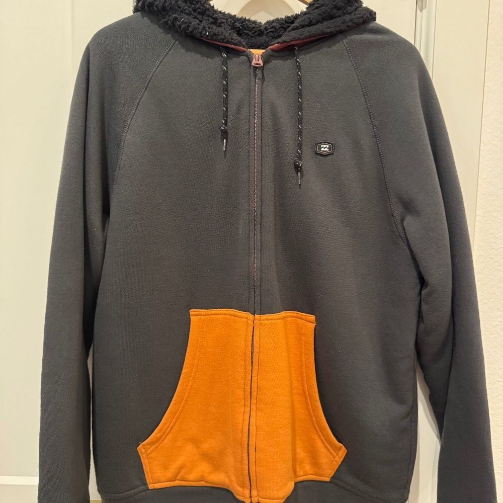 Billabong Men’s Full Zip Hooded Classic Fleece Gray with Orange Pockets L-Large